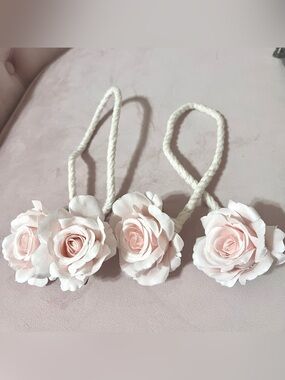 2 Pink Rose Curtain Tiebacks Rope Cord Holder